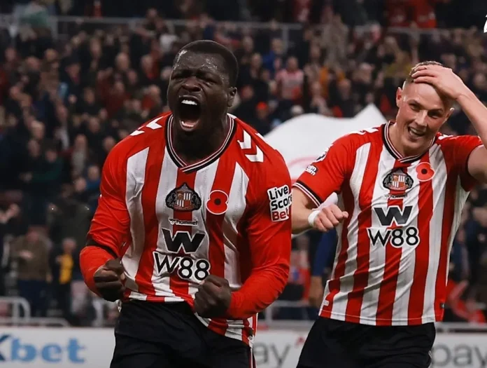 Brian Brobbey merayakan gol Sunderland vs Arsenal