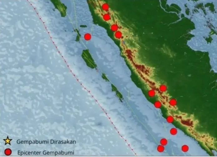 Peta sebaran 14 gempa bumi Sumatera Barat minggu ini