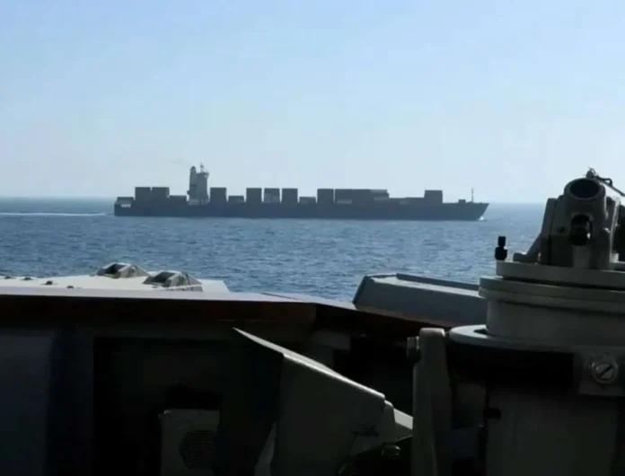 Penampakan kapal kargo berbendera Iran M/V Touska, saat dicegat kapal USS Spruance