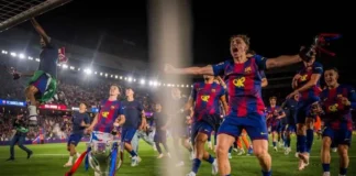 Pemain Barcelona merayakan kemenangan atas Real Madrid sekaligus memastikan gelar La Liga 2025/2026.