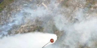 Operasi pemadaman karhutla BNPB menggunakan helikopter water bombing.