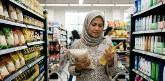 Konsumen membandingkan harga dan produk saat berbelanja kebutuhan sehari-hari.