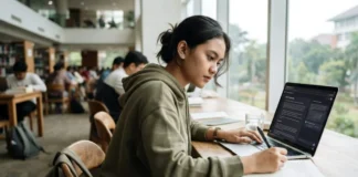 Mahasiswa menggunakan AI untuk membantu aktivitas belajar melalui laptop.