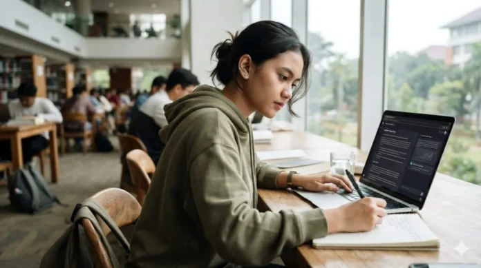 Mahasiswa menggunakan AI untuk membantu aktivitas belajar melalui laptop (1) Mahasiswa menggunakan AI untuk membantu aktivitas belajar melalui laptop.