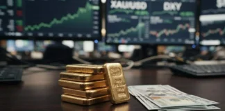 Dolar AS dan emas batangan di tengah penguatan dolar setelah The Fed menaikkan suku bunga pada September 2026.