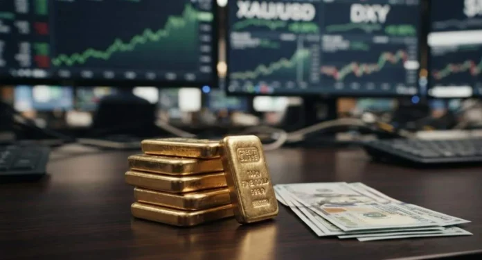 harga emas dan dolar AS di tengah penguatan mata uang AS setelah keputusan The Fed menaikkan suku bunga pada September 2026 (1) Dolar AS dan emas batangan di tengah penguatan dolar setelah The Fed menaikkan suku bunga pada September 2026.